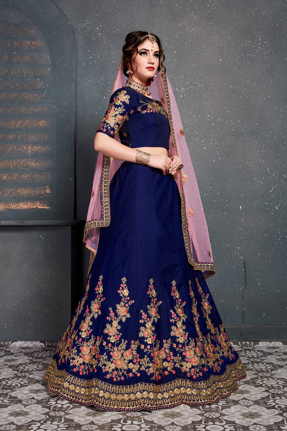 Navy Blue Floral Embroidered Anarkali Suit with Pink Dupatta