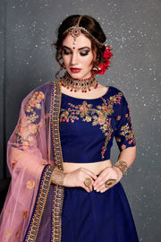 Navy Blue Floral Embroidered Anarkali Suit with Pink Dupatta
