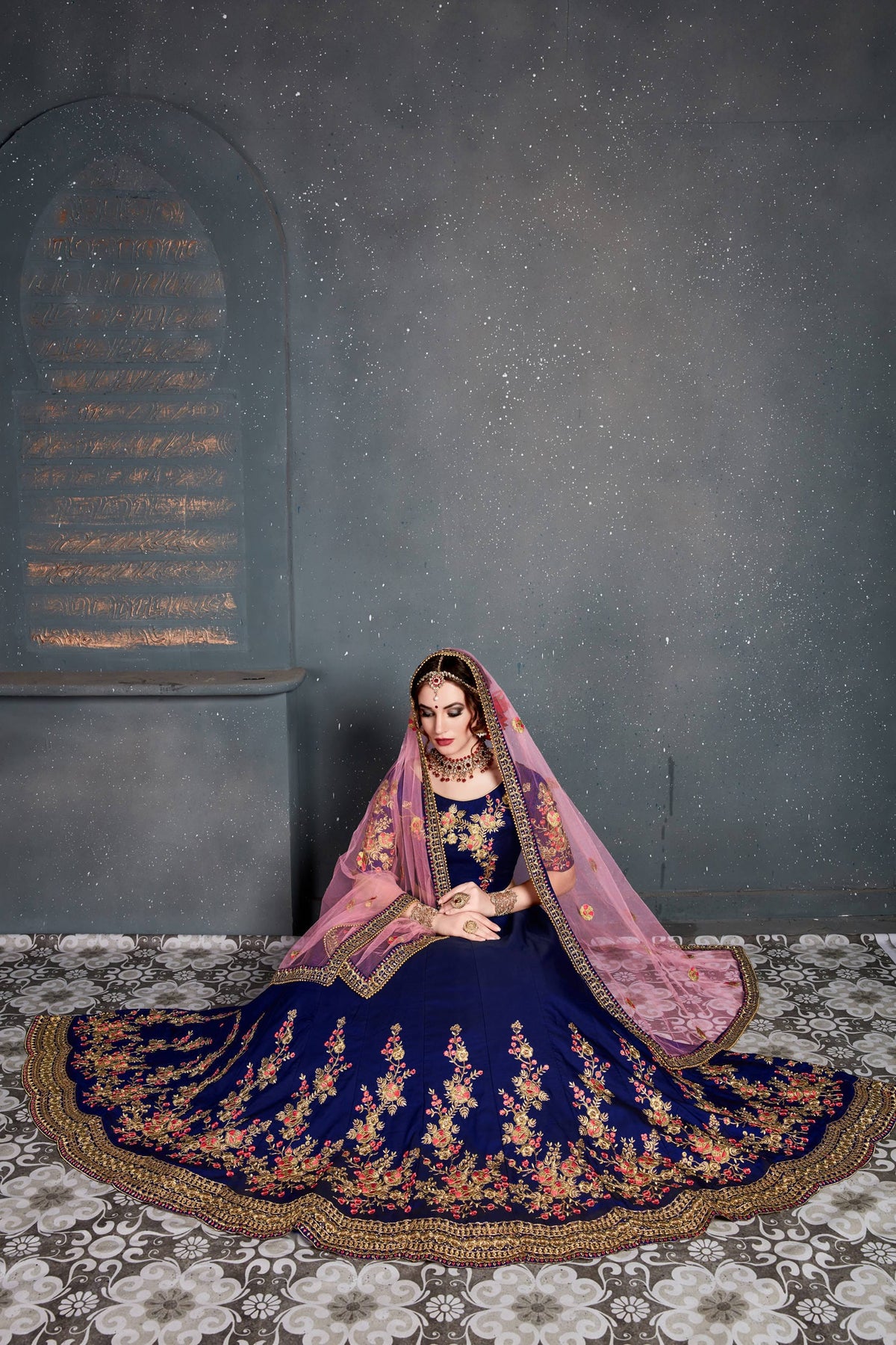 Navy Blue Floral Embroidered Anarkali Suit with Pink Dupatta