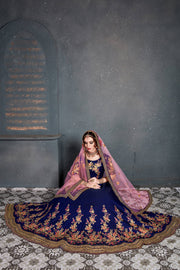 Navy Blue Floral Embroidered Anarkali Suit with Pink Dupatta