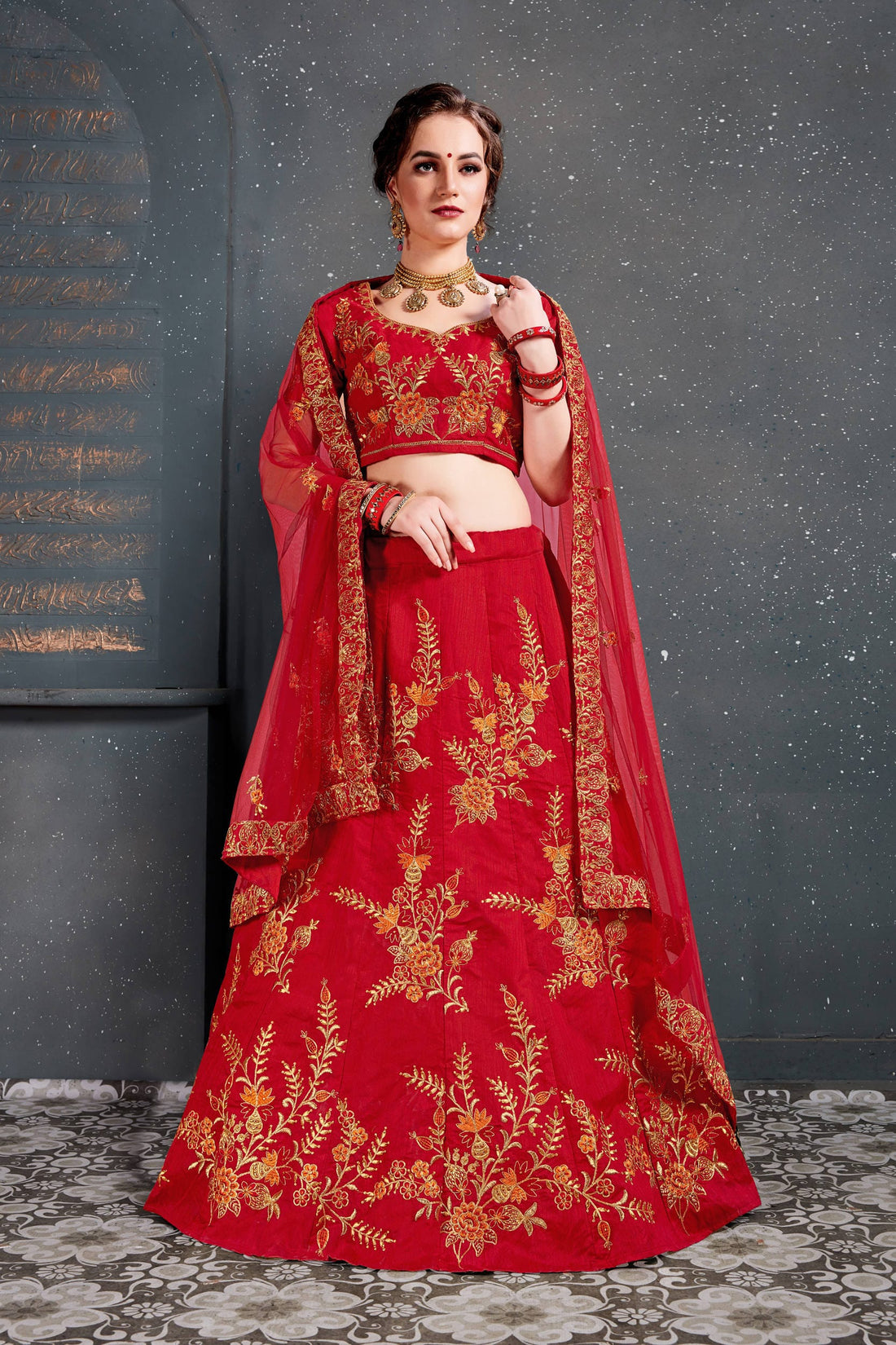 Red and Gold Floral Embroidered Bridal Lehenga Choli with Dupatta