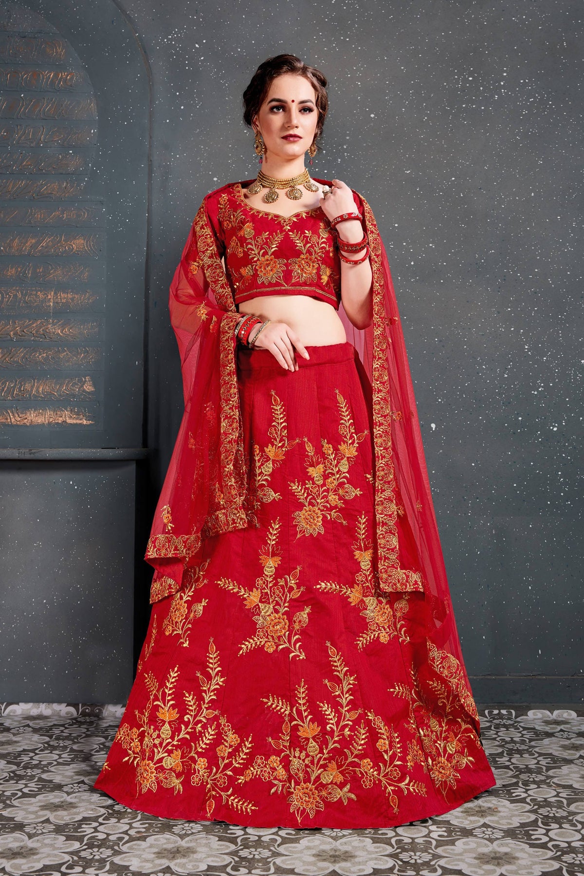 Red and Gold Floral Embroidered Bridal Lehenga Choli with Dupatta