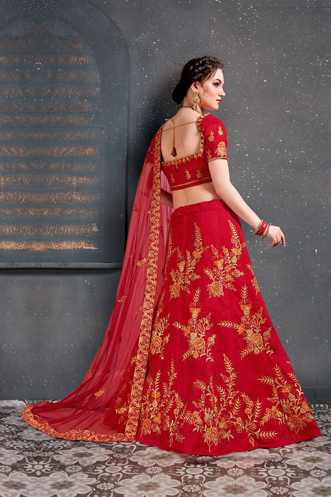 Red and Gold Floral Embroidered Bridal Lehenga Choli with Dupatta