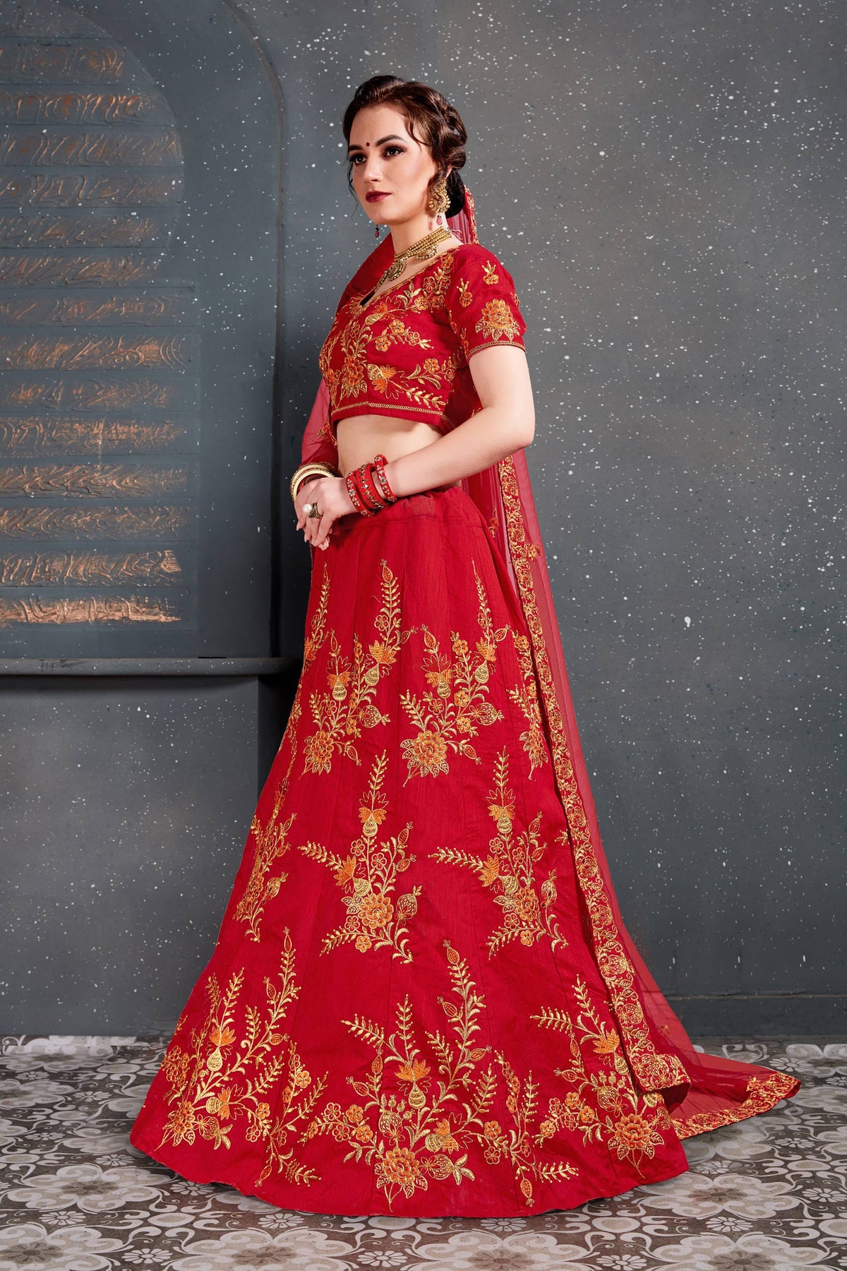 Red and Gold Floral Embroidered Bridal Lehenga Choli with Dupatta