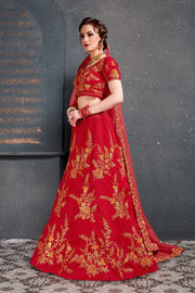 Red and Gold Floral Embroidered Bridal Lehenga Choli with Dupatta