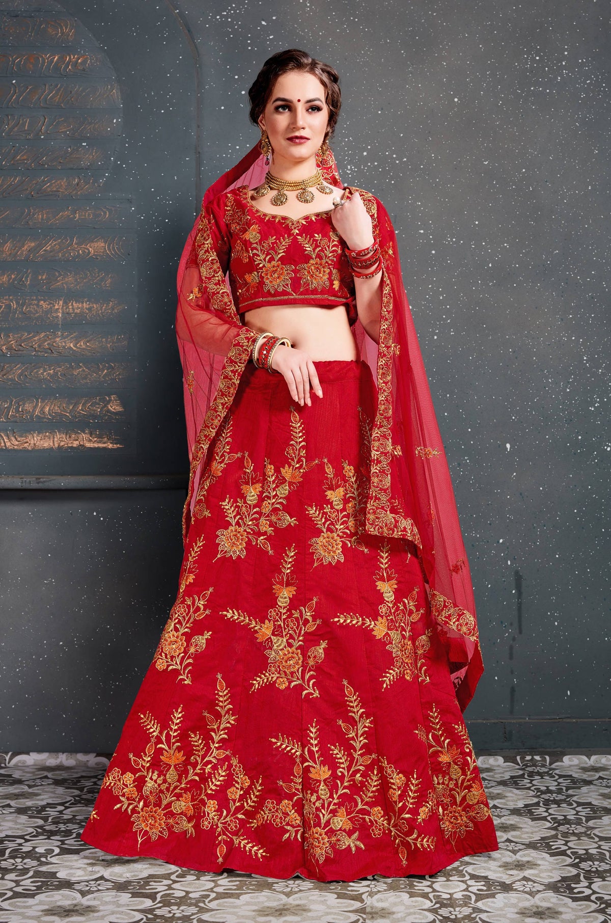 Red and Gold Floral Embroidered Bridal Lehenga Choli with Dupatta