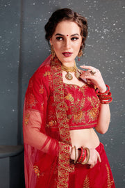 Red and Gold Floral Embroidered Bridal Lehenga Choli with Dupatta