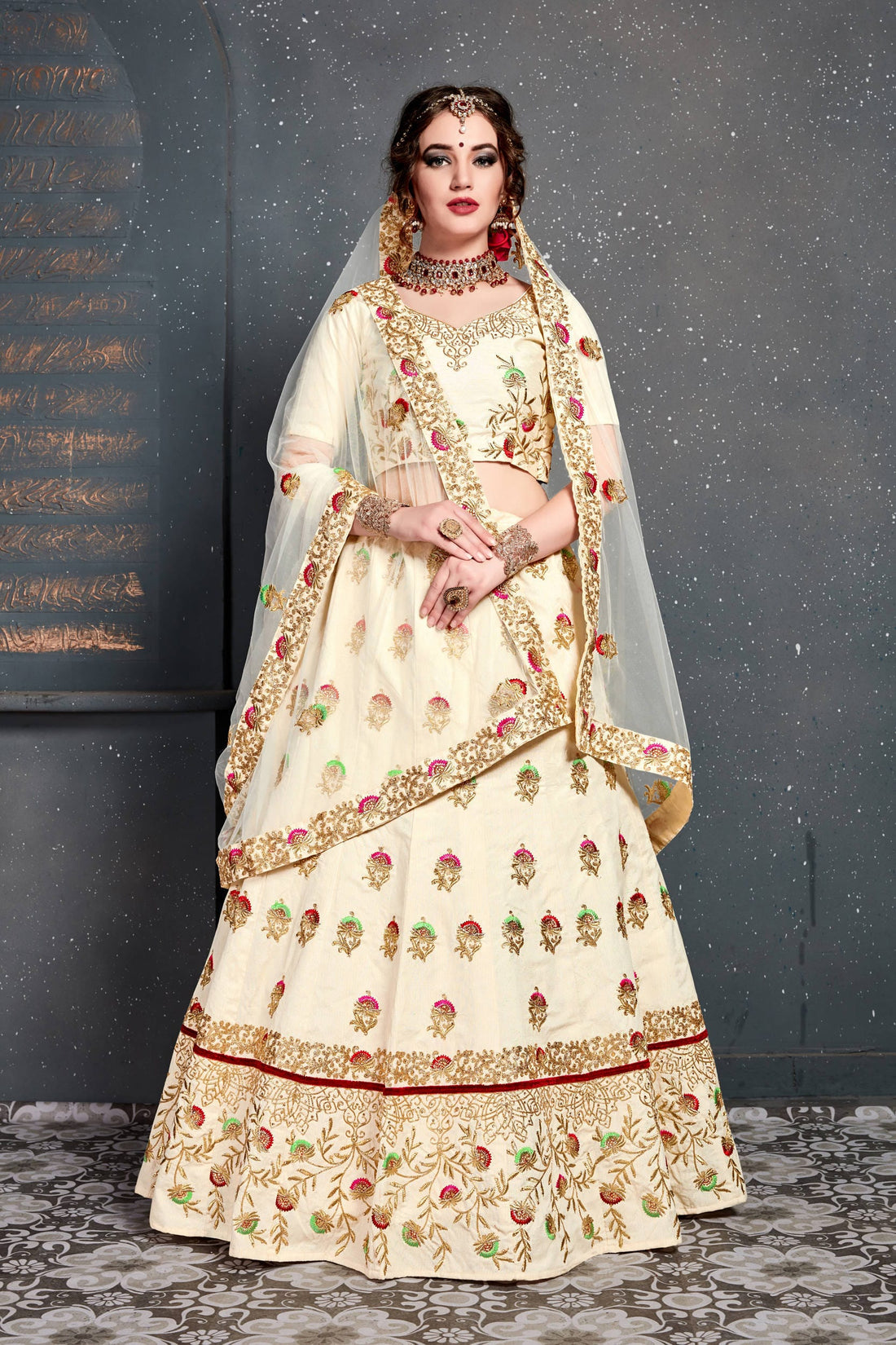 Ivory White and Gold Embroidered Bridal Lehenga Choli with Dupatta