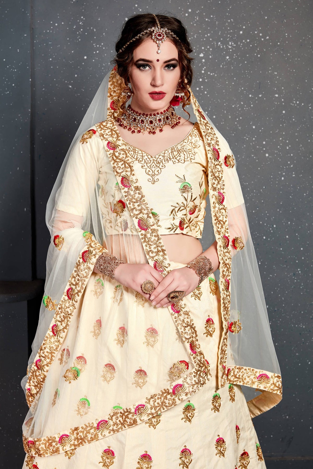 Ivory White and Gold Embroidered Bridal Lehenga Choli with Dupatta