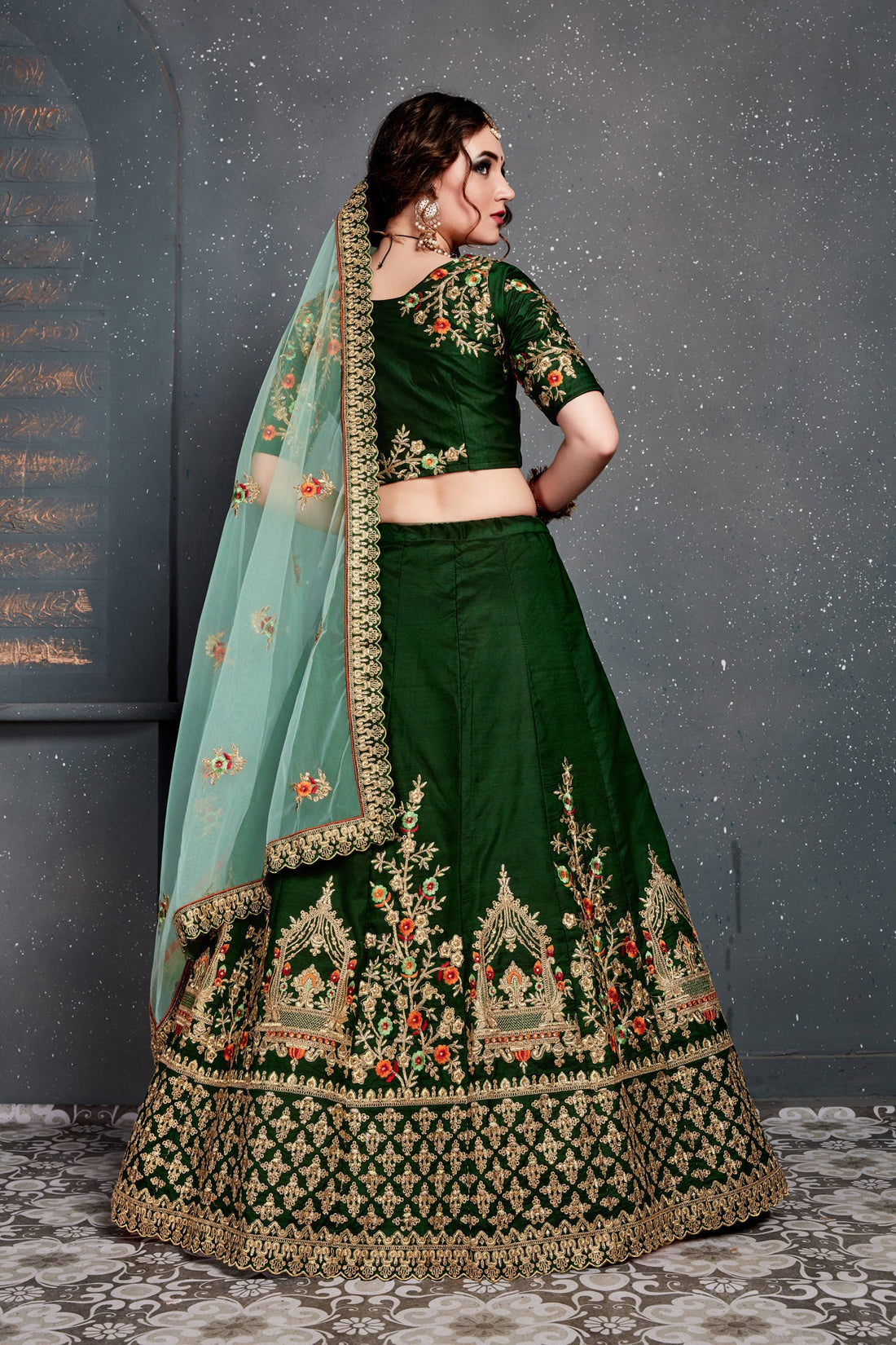 Dark Green and Gold Embroidered Bridal Lehenga Choli with Mint Green Dupatta