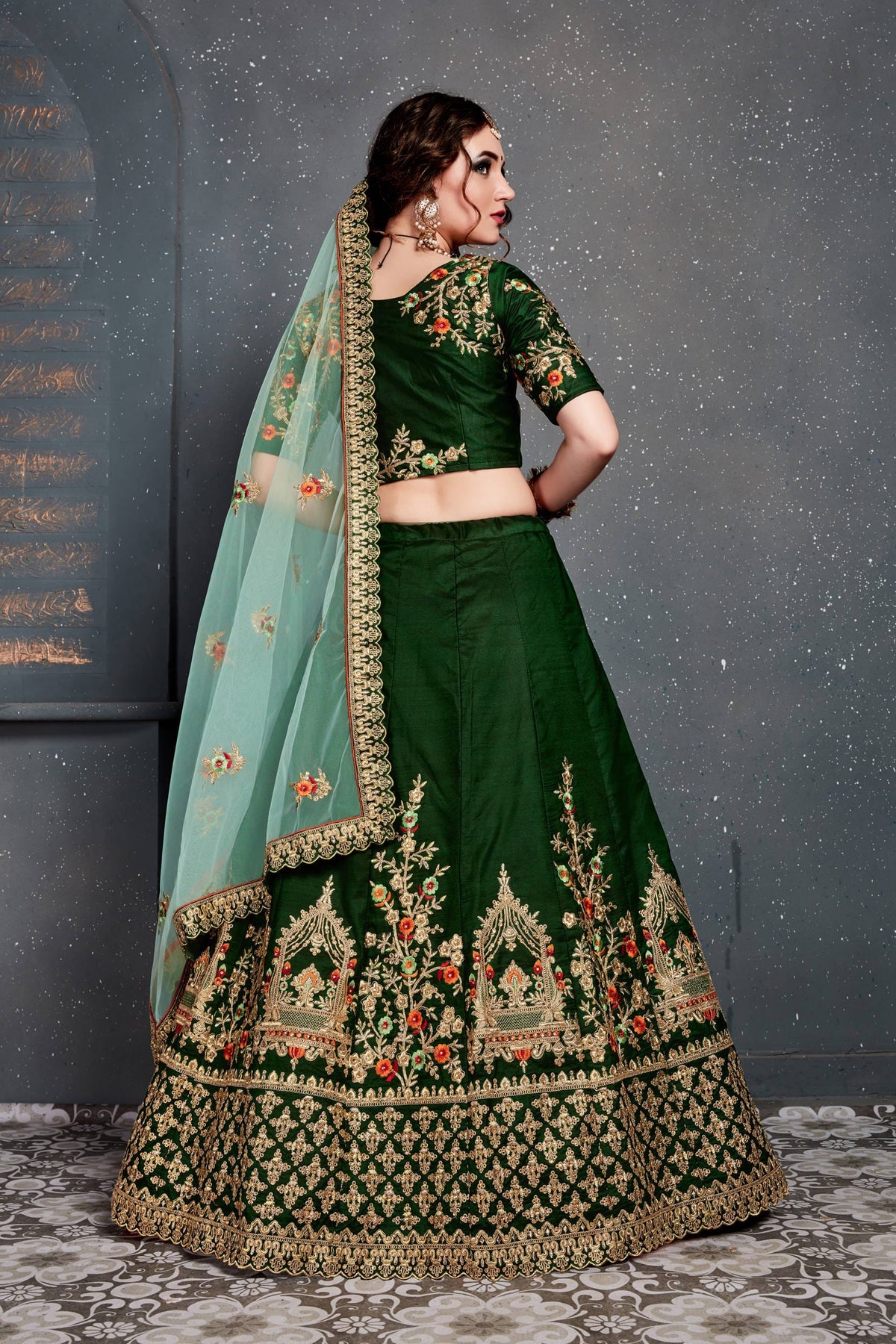 Dark Green and Gold Embroidered Bridal Lehenga Choli with Mint Green Dupatta