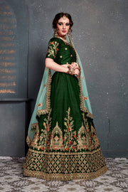 Dark Green and Gold Embroidered Bridal Lehenga Choli with Mint Green Dupatta