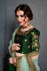 Dark Green and Gold Embroidered Bridal Lehenga Choli with Mint Green Dupatta