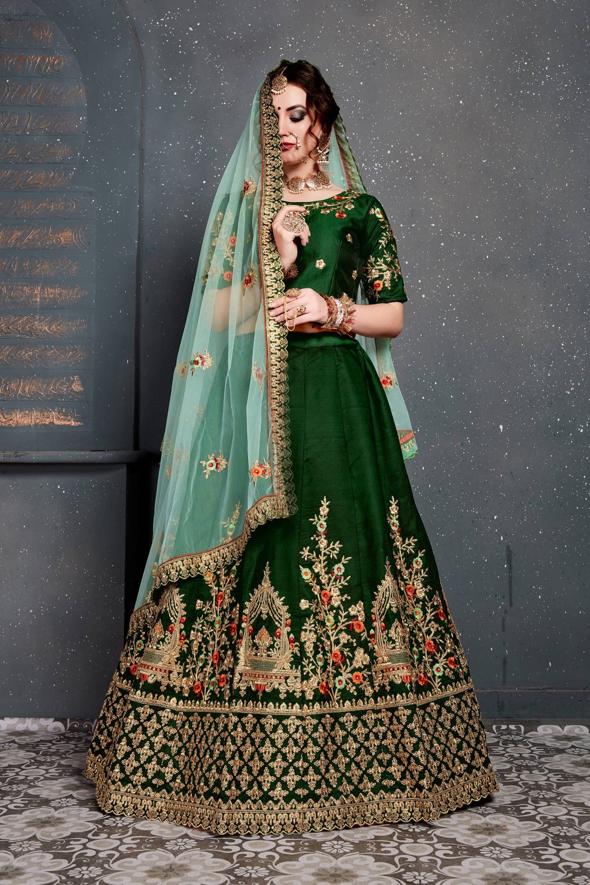 Dark Green and Gold Embroidered Bridal Lehenga Choli with Mint Green Dupatta