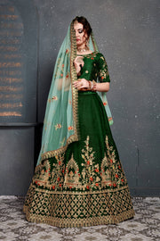 Dark Green and Gold Embroidered Bridal Lehenga Choli with Mint Green Dupatta