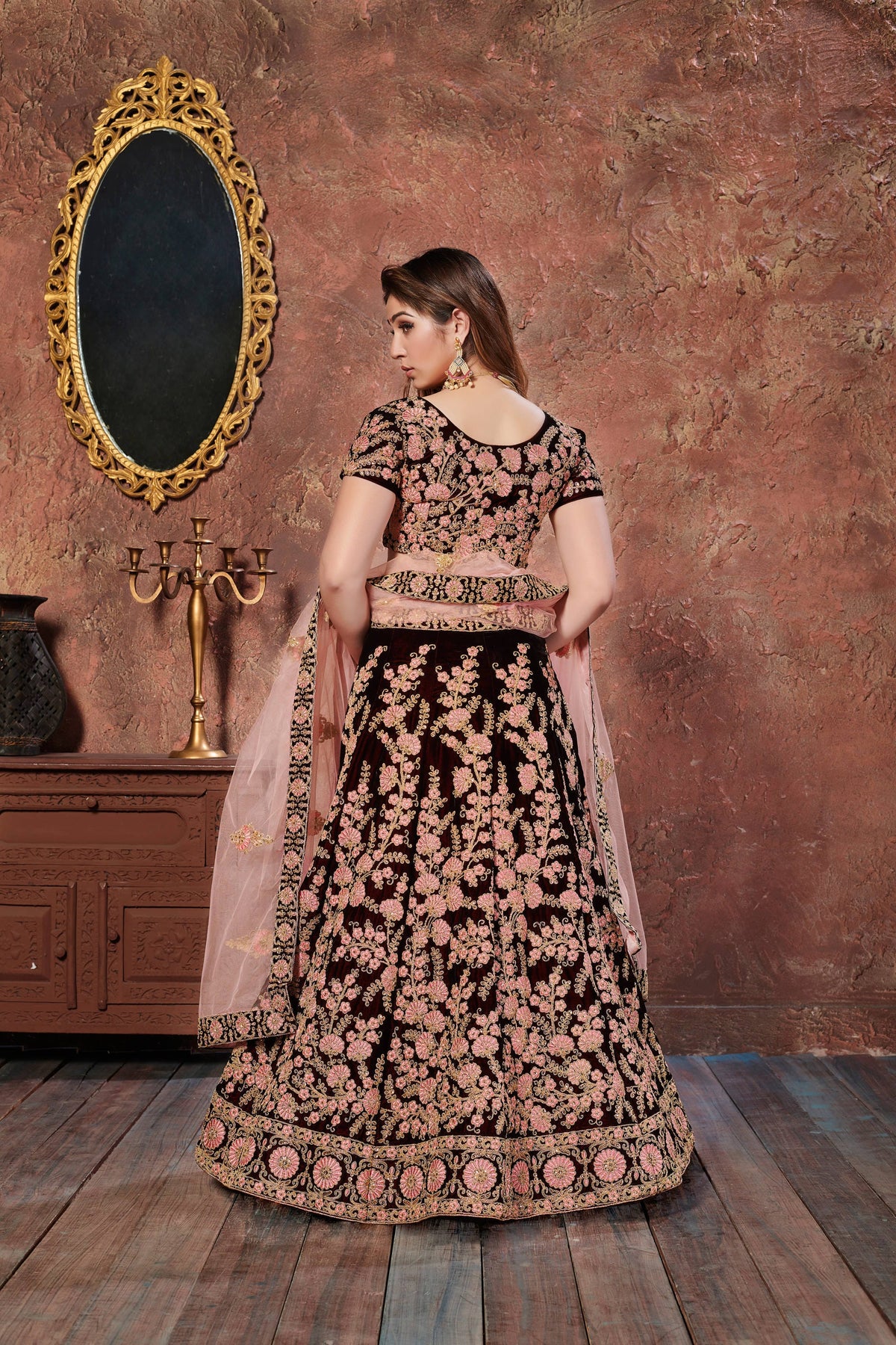 Black and Blush Pink Floral Embroidered Bridal Lehenga Choli with Dupatta