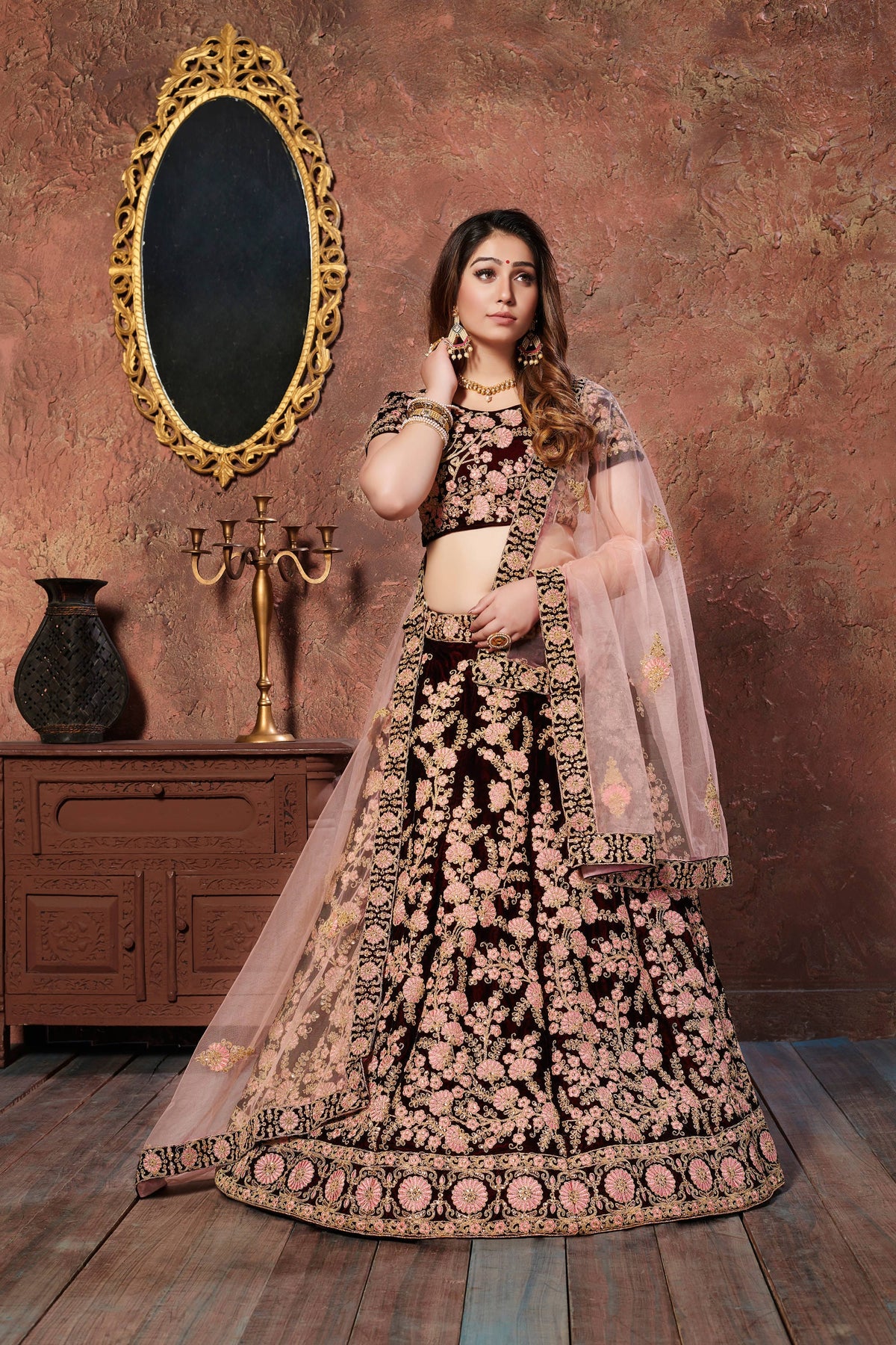 Black and Blush Pink Floral Embroidered Bridal Lehenga Choli with Dupatta
