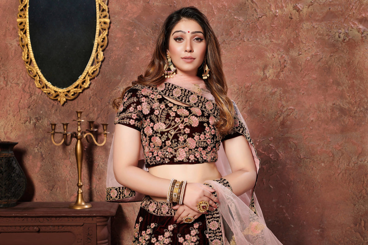 Black and Blush Pink Floral Embroidered Bridal Lehenga Choli with Dupatta