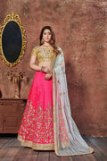 Hot Pink and Golden Embroidered Bridal Lehenga Choli with Ivory Dupatta