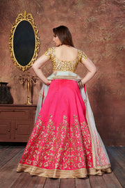 Hot Pink and Golden Embroidered Bridal Lehenga Choli with Ivory Dupatta