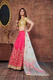 Hot Pink and Golden Embroidered Bridal Lehenga Choli with Ivory Dupatta