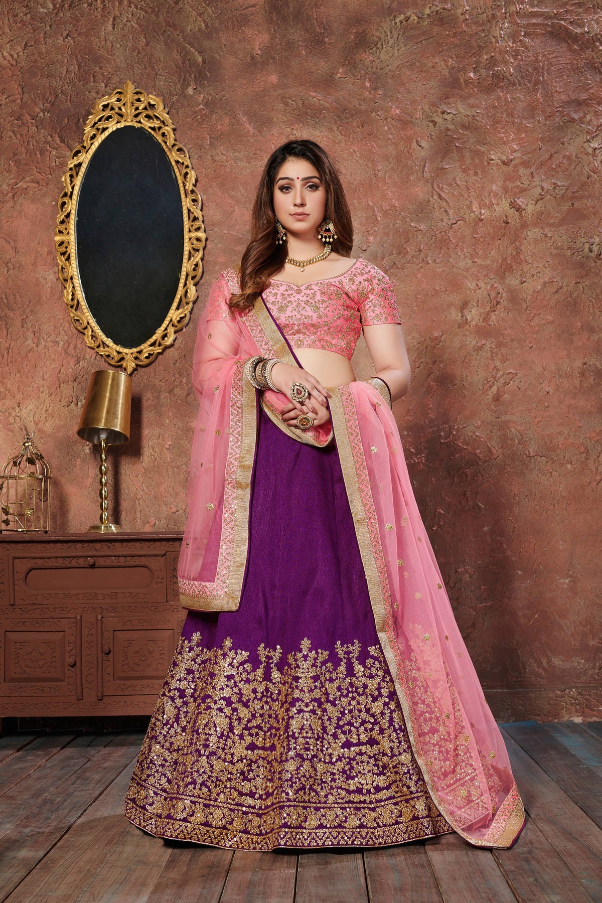 Purple and Pink Embroidered Bridal Lehenga Choli with Dupatta