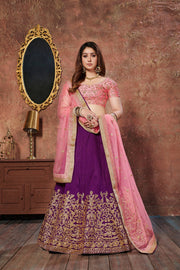 Purple and Pink Embroidered Bridal Lehenga Choli with Dupatta