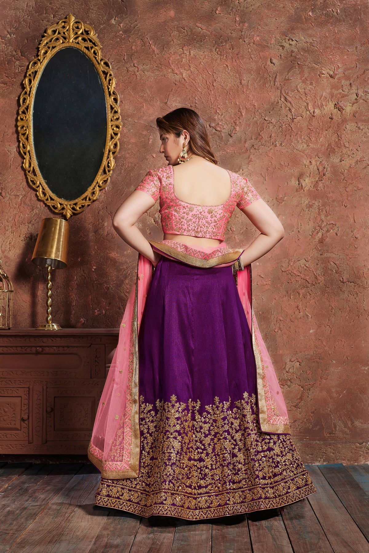 Purple and Pink Embroidered Bridal Lehenga Choli with Dupatta