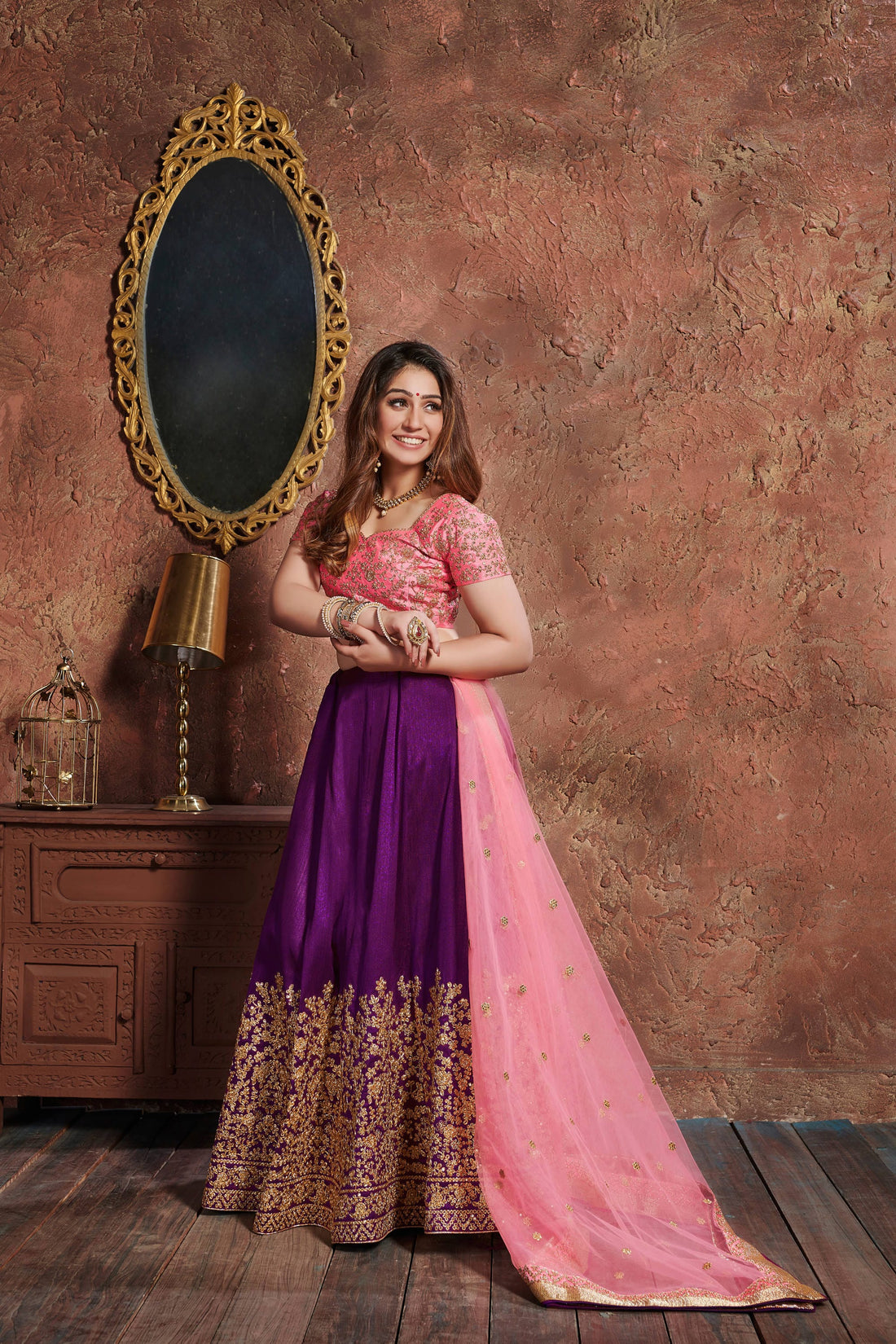 Purple and Pink Embroidered Bridal Lehenga Choli with Dupatta