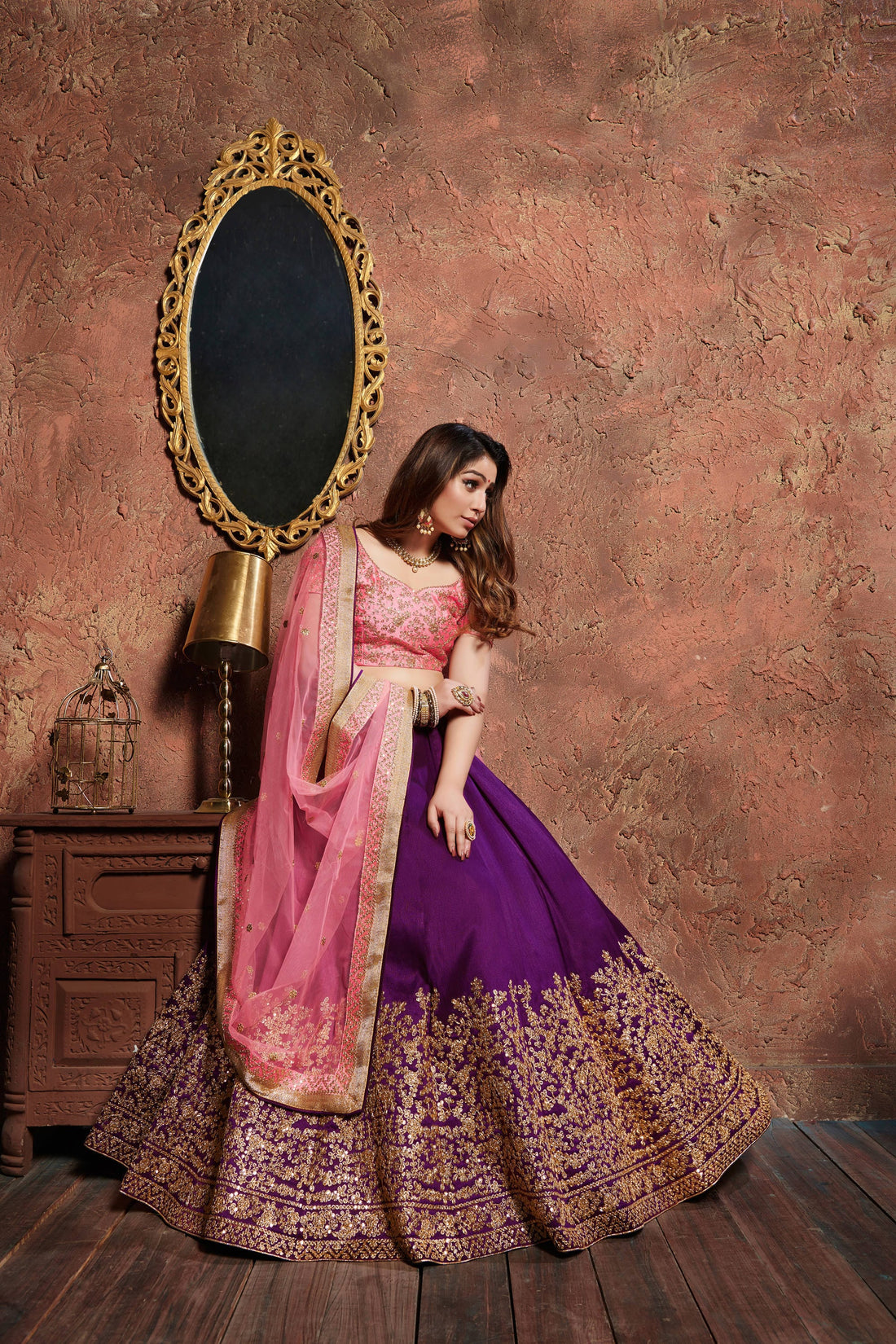 Purple and Pink Embroidered Bridal Lehenga Choli with Dupatta