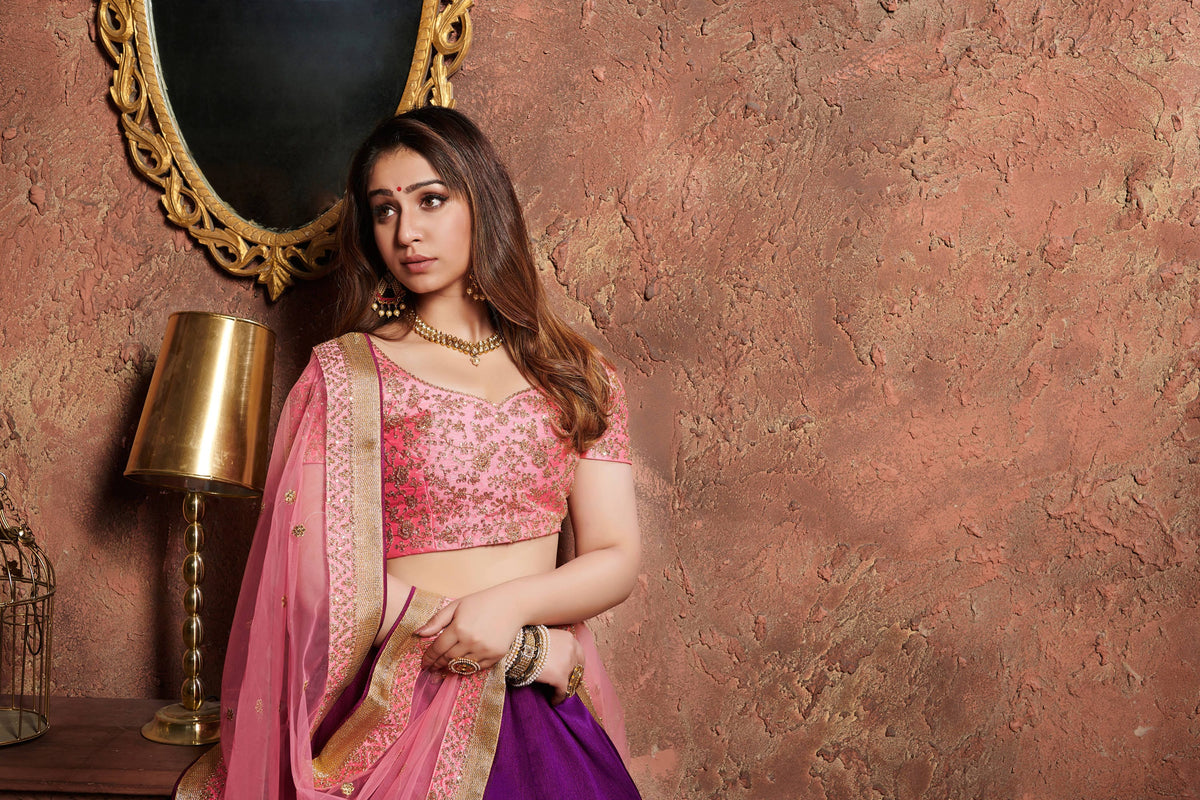 Purple and Pink Embroidered Bridal Lehenga Choli with Dupatta