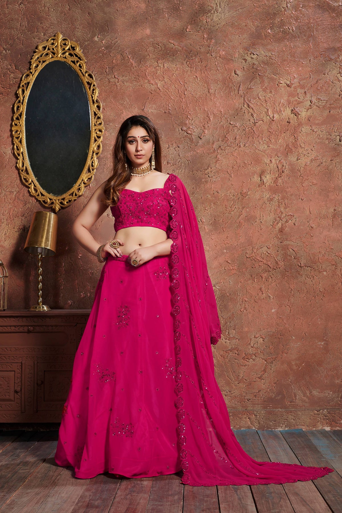 Rani Pink Embellished Lehenga Choli with Matching Dupatta