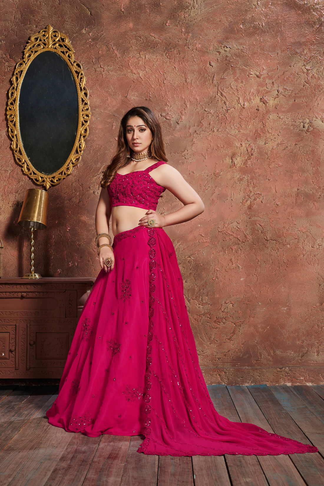 Rani Pink Embellished Lehenga Choli with Matching Dupatta
