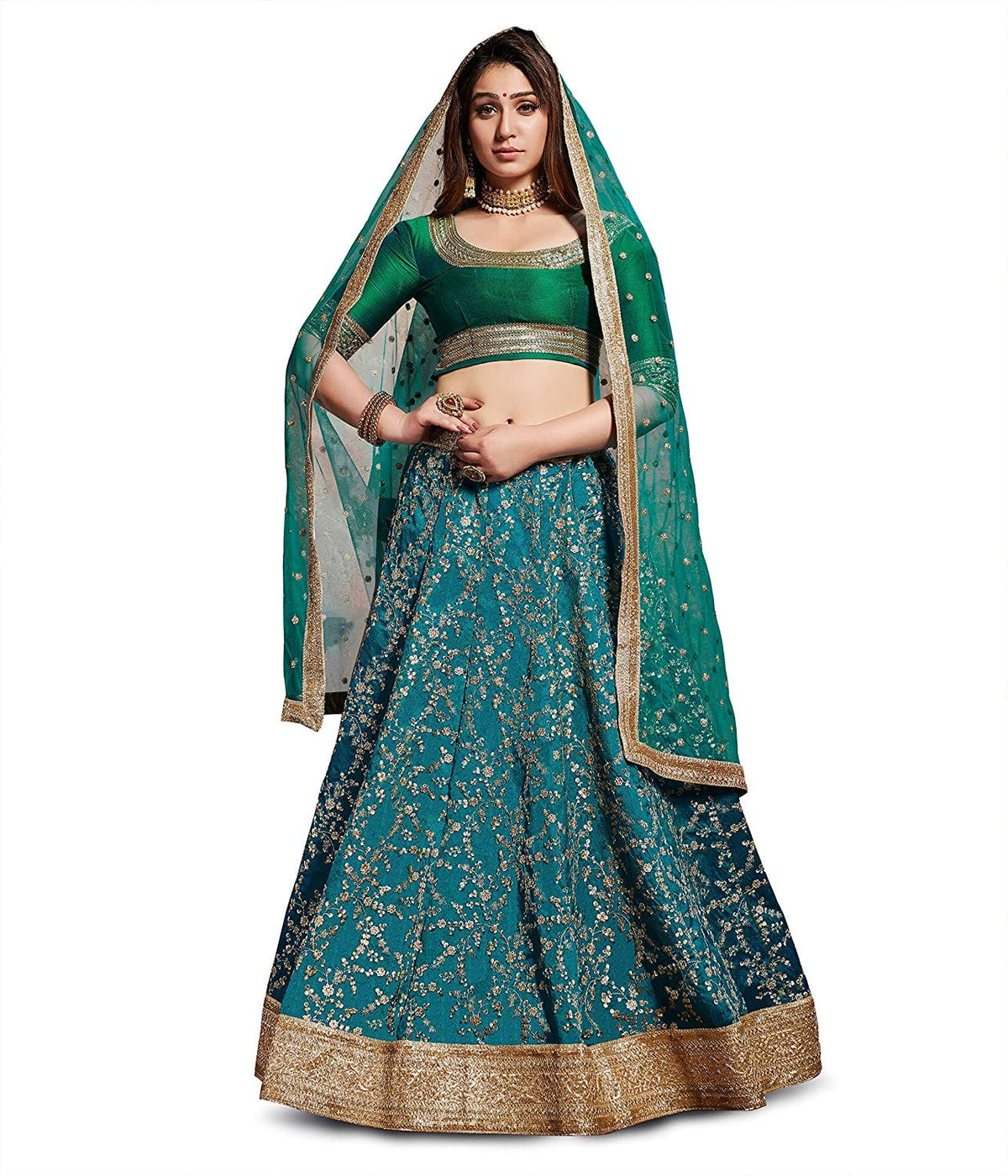 TURQUOISE Bridal Lehenga Choli with Gold Embroidery