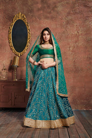 TURQUOISE Bridal Lehenga Choli with Gold Embroidery