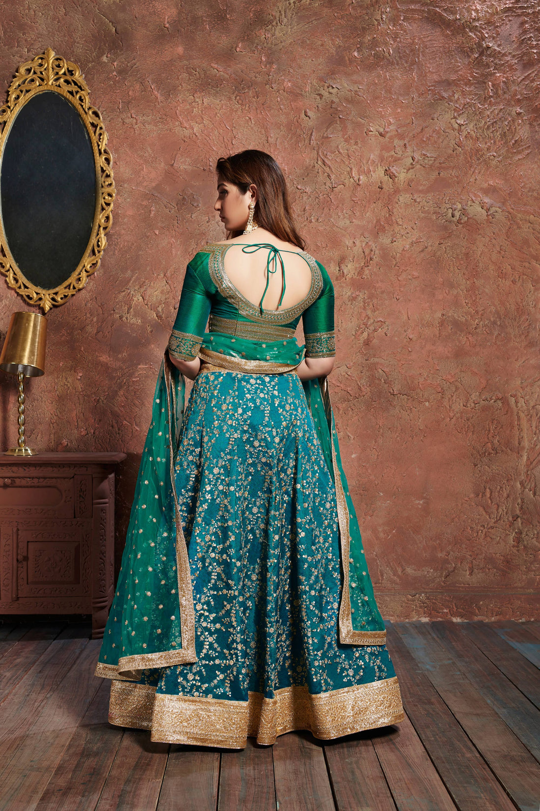 TURQUOISE Bridal Lehenga Choli with Gold Embroidery
