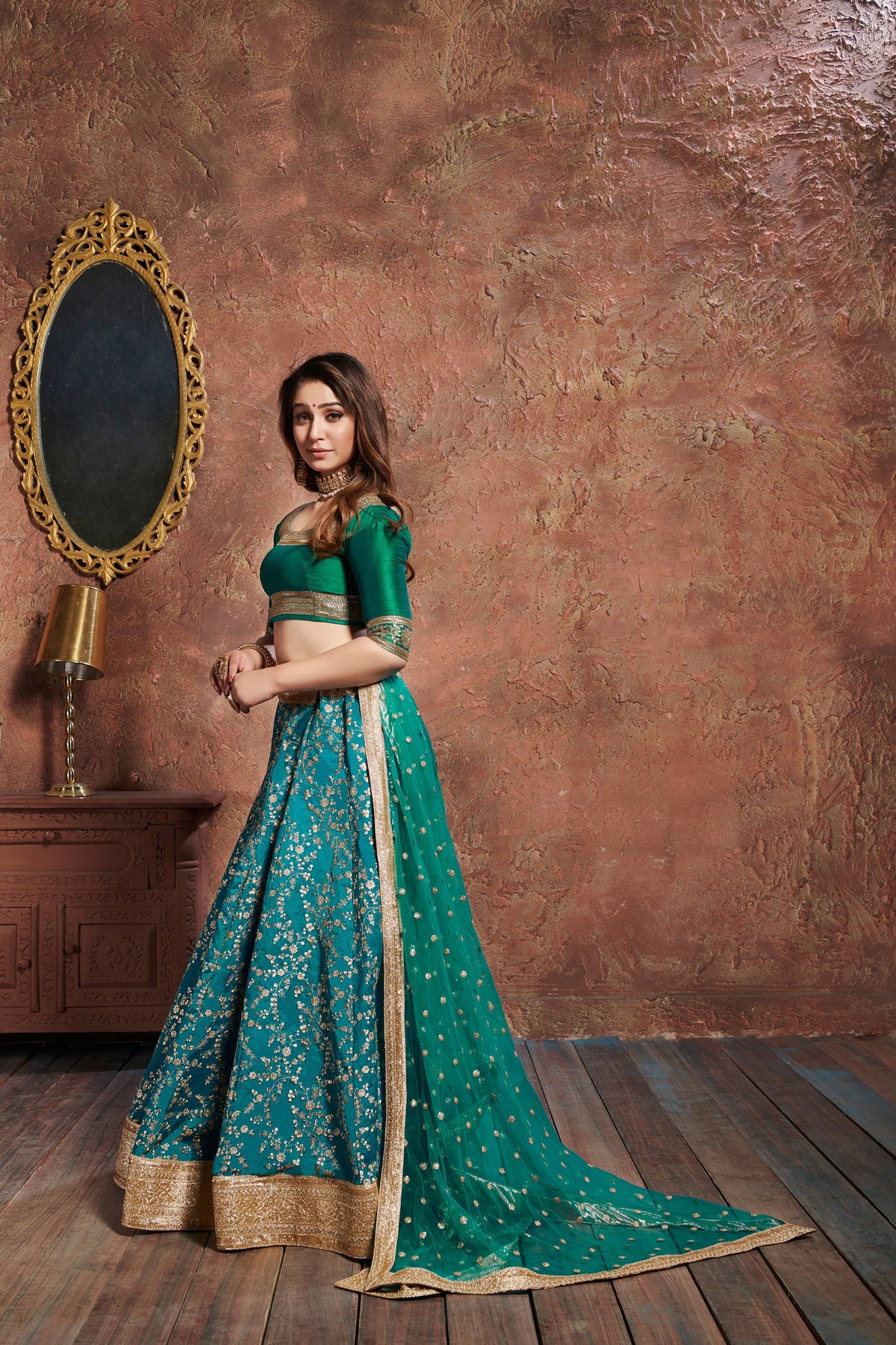 TURQUOISE Bridal Lehenga Choli with Gold Embroidery