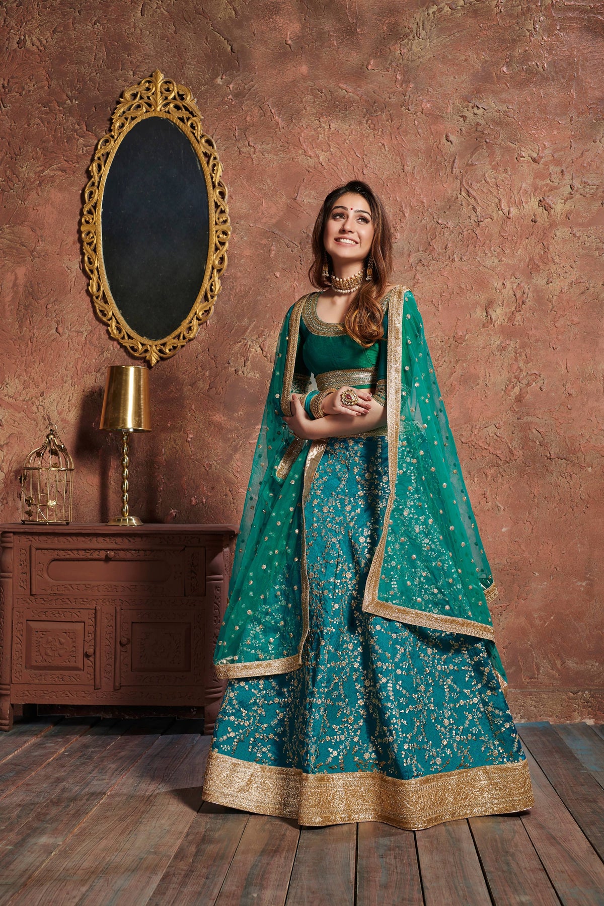 TURQUOISE Bridal Lehenga Choli with Gold Embroidery