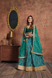 TURQUOISE Bridal Lehenga Choli with Gold Embroidery