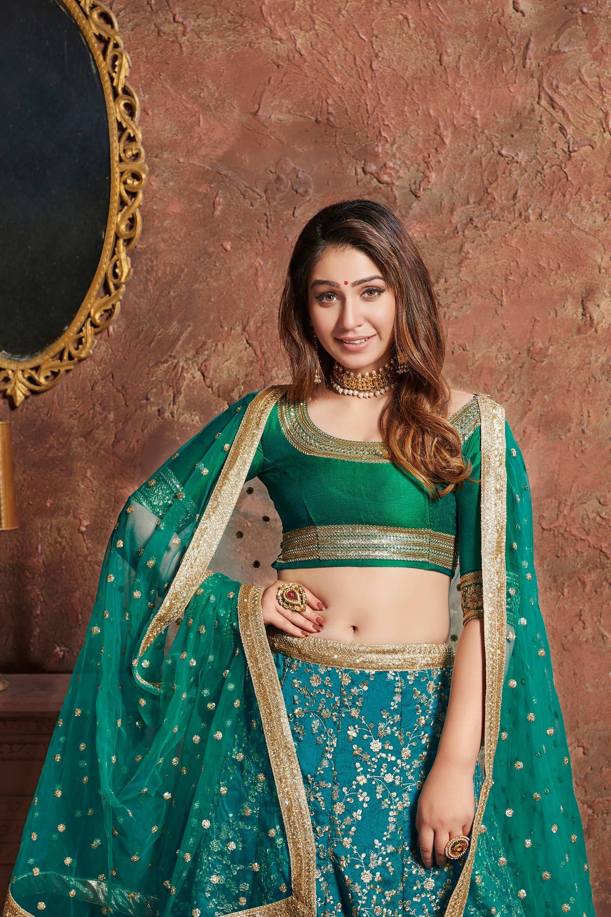 TURQUOISE Bridal Lehenga Choli with Gold Embroidery