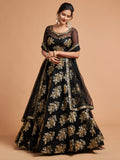 Black Lehenga Choli with Gold Floral Embroidery and Sheer Dupatta