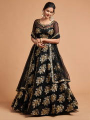Black Lehenga Choli with Gold Floral Embroidery and Sheer Dupatta