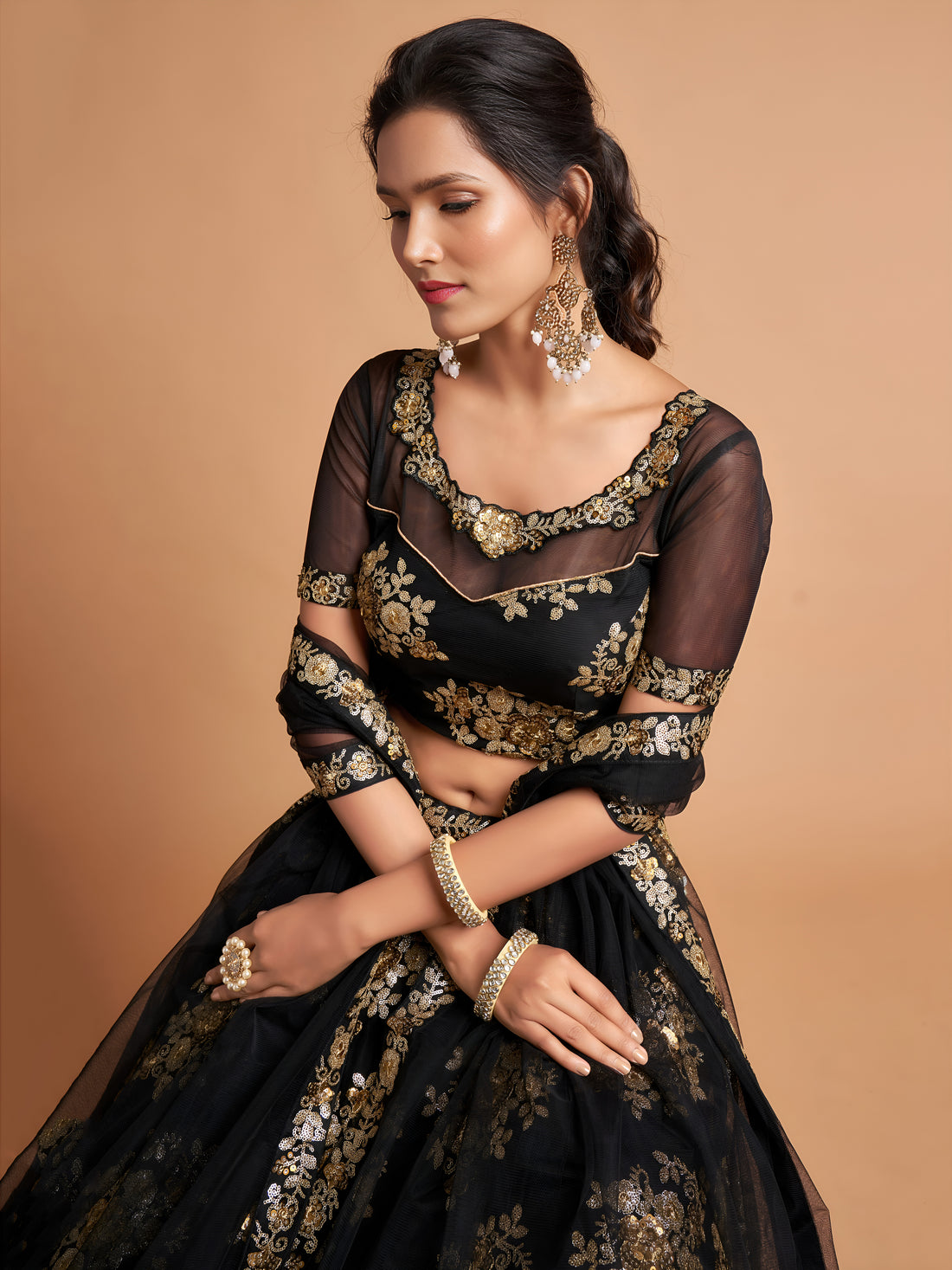 Black Lehenga Choli with Gold Floral Embroidery and Sheer Dupatta
