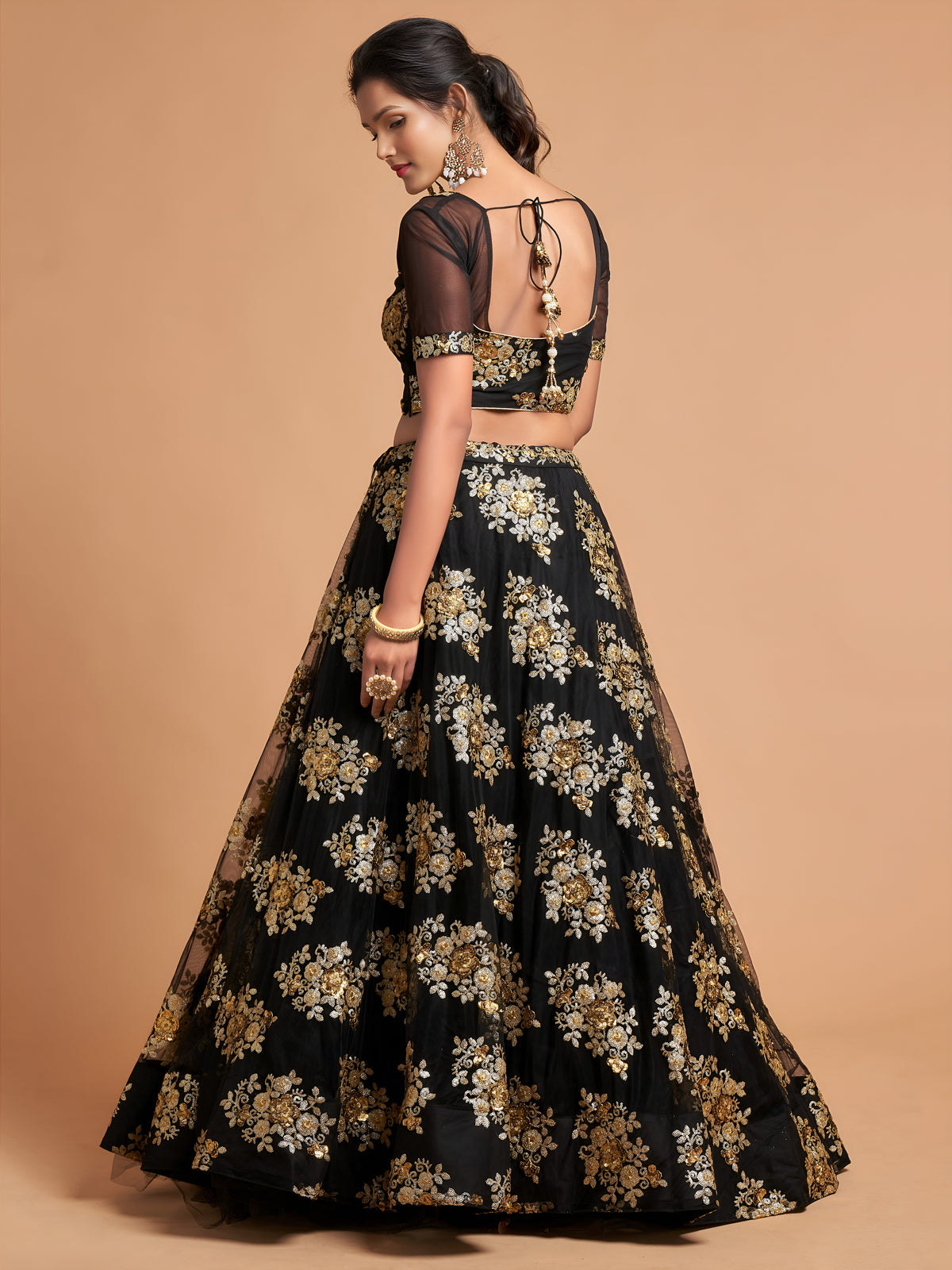 Black Lehenga Choli with Gold Floral Embroidery and Sheer Dupatta