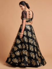Black Lehenga Choli with Gold Floral Embroidery and Sheer Dupatta