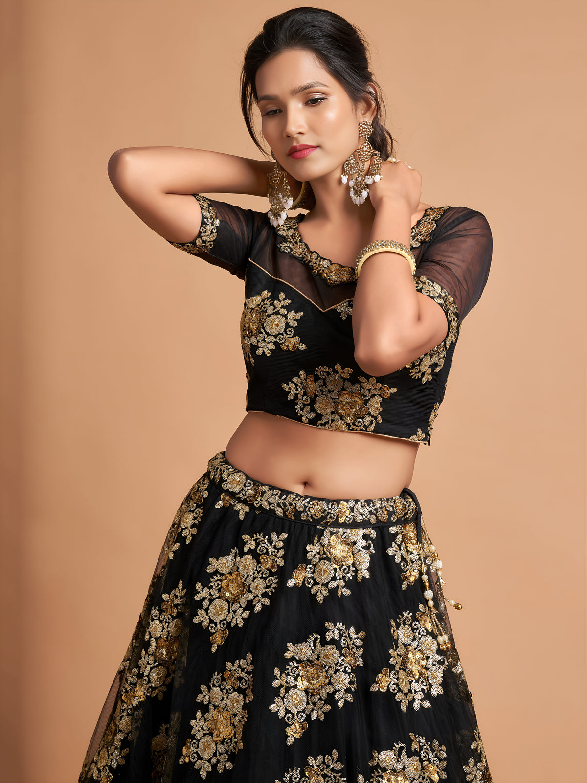 Black Lehenga Choli with Gold Floral Embroidery and Sheer Dupatta