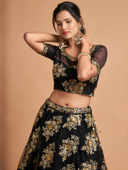 Black Lehenga Choli with Gold Floral Embroidery and Sheer Dupatta