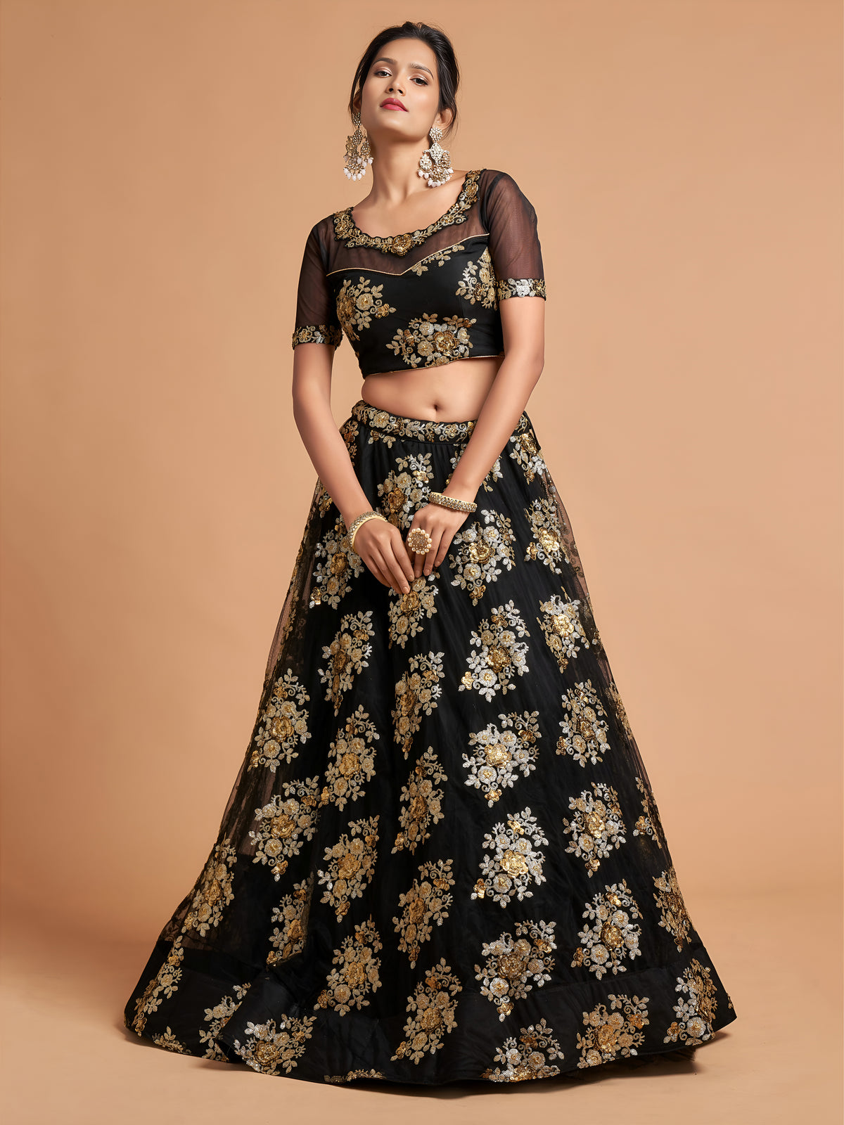 Black Lehenga Choli with Gold Floral Embroidery and Sheer Dupatta