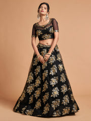 Black Lehenga Choli with Gold Floral Embroidery and Sheer Dupatta