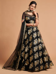Black Lehenga Choli with Gold Floral Embroidery and Sheer Dupatta